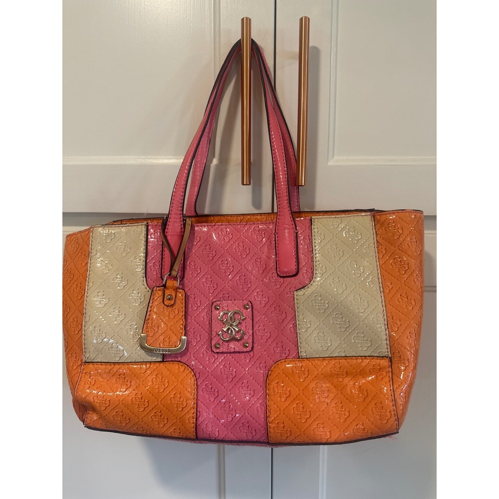 Guess Pink y2K Orange Colorblock Patent Logo Embossed Tote Bag Handbag purse